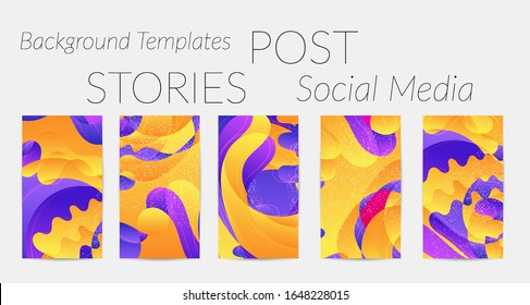 Abstract vector Instagram stories background set with bright gradient wavy organic overlapping shapes grunge textured. Natural wavy lines and white snow texture. Holiday sale advertisement.