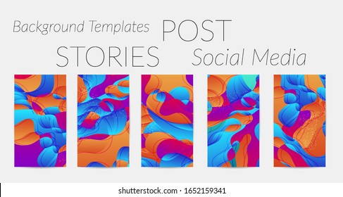 Abstract vector Instagram stories background set with bright gradient wavy organic overlapping shapes grunge textured. Natural wavy lines and white snow texture. Holiday sale advertisement.