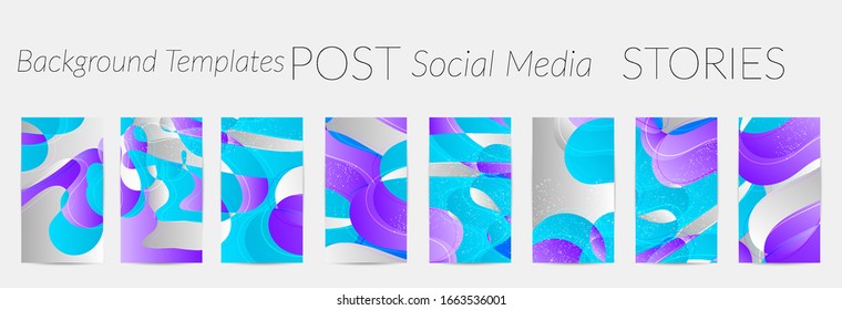 Abstract vector Instagram stories background set with bright gradient wavy organic overlapping shapes grunge textured. Disco music 80’s poster design. Blog post frame or border. Social media booster.