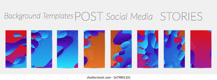 Abstract Vector Instagram Stories Background Set With Bright Gradient Wavy Organic Overlapping Shapes Grunge Textured. Disco Music 80’s Poster Design. Blog Post Frame Or Border. Social Media Booster.