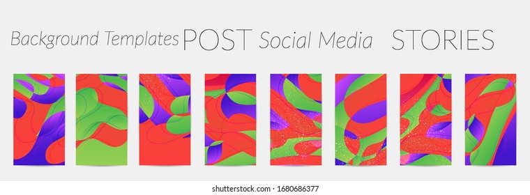 Abstract vector Instagram stories background set with bright gradient wavy organic overlapping shapes grunge textured. Disco music 80’s poster design. Blog post frame or border. Social media booster.