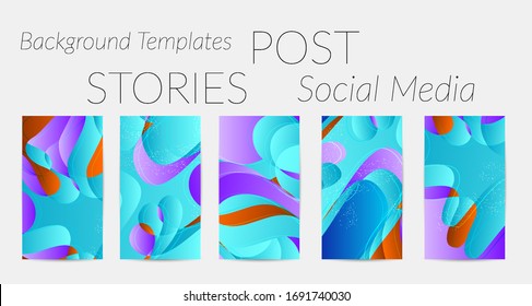 Abstract vector Instagram stories background set with bright gradient wavy organic overlapping shapes grunge textured. Natural wavy lines and white snow texture. Holiday sale advertisement.