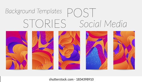 Abstract vector Instagram stories background set with bright gradient wavy organic overlapping shapes grunge textured. Natural wavy lines and white snow texture. Holiday sale advertisement.