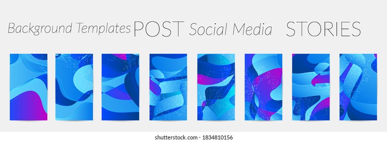 Abstract vector Instagram stories background set with bright gradient wavy organic overlapping shapes grunge textured. Disco music 80’s poster design. Blog post frame or border. Social media booster.