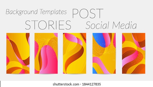 Abstract vector Instagram stories background set with bright gradient wavy organic overlapping shapes grunge textured. Natural wavy lines and white snow texture. Holiday sale advertisement.