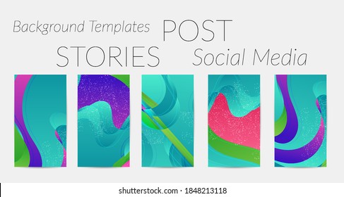 Abstract vector Instagram stories background set with bright gradient wavy organic overlapping shapes grunge textured. Natural wavy lines and white snow texture. Holiday sale advertisement.