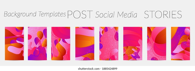 Abstract vector Instagram stories background set with bright gradient wavy organic overlapping shapes grunge textured. Disco music 80’s poster design. Blog post frame or border. Social media booster.