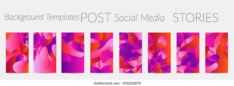 Abstract vector Instagram stories background set with bright gradient wavy organic overlapping shapes grunge textured. Disco music 80’s poster design. Blog post frame or border. Social media booster.