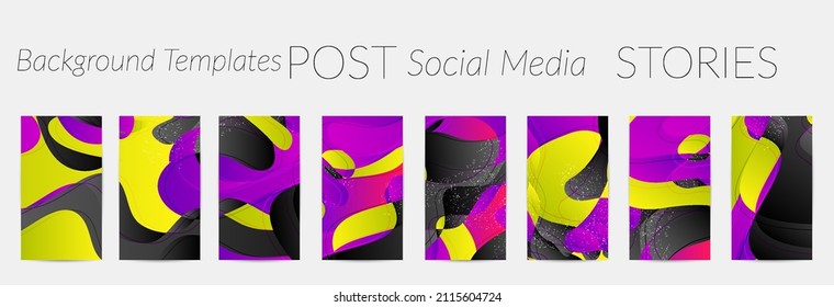 Abstract Vector Instagram Stories Background Set With Bright Gradient Wavy Organic Overlapping Shapes Grunge Textured. Disco Music 80’s Poster Design. Blog Post Frame Or Border. Social Media Booster.