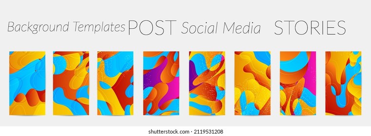 Abstract Vector Instagram Stories Background Set With Bright Gradient Wavy Organic Overlapping Shapes Grunge Textured. Disco Music 80’s Poster Design. Blog Post Frame Or Border. Social Media Booster.