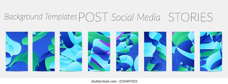 Abstract Vector Instagram Stories Background Set With Bright Gradient Wavy Organic Overlapping Shapes Grunge Textured. Disco Music 80’s Poster Design. Blog Post Frame Or Border. Social Media Booster.