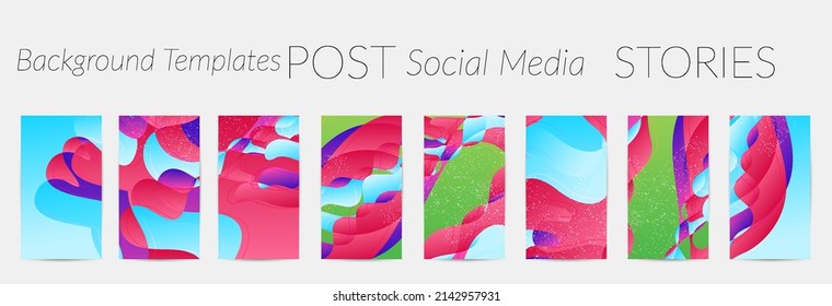 Abstract Vector Instagram Stories Background Set With Bright Gradient Wavy Organic Overlapping Shapes Grunge Textured. Disco Music 80’s Poster Design. Blog Post Frame Or Border. Social Media Booster.