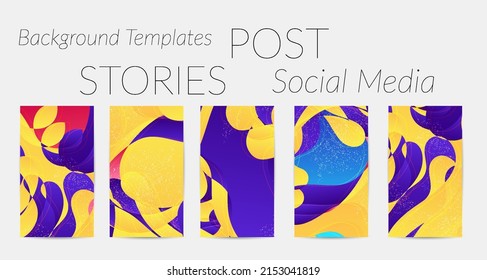 Abstract vector Instagram stories background set with bright gradient wavy organic overlapping shapes grunge textured. Natural wavy lines and white snow texture. Holiday sale advertisement.