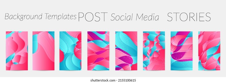 Abstract Vector Instagram Stories Background Set With Bright Gradient Wavy Organic Overlapping Shapes Grunge Textured. Disco Music 80’s Poster Design. Blog Post Frame Or Border. Social Media Booster.