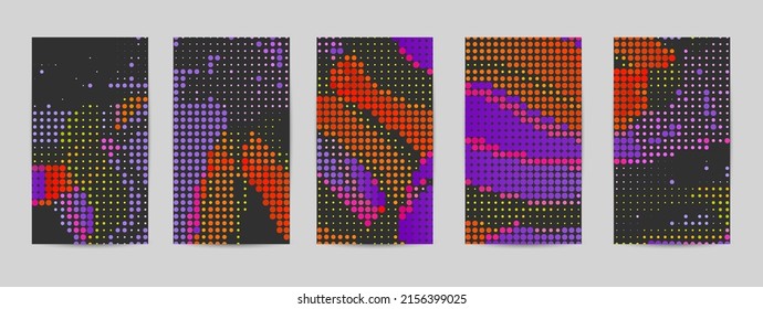 Abstract vector Instagram stories background set with bright colorful dots on dark background. Disco music 80’s poster design. 