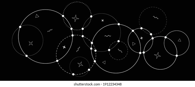 Abstract vector with intersections circles and dots over black background.