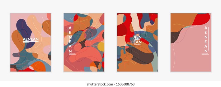 Abstract vector invitation template, art terrazzo pattern with wavy geometric abstract shapes and lines in earthy natural organic color.Minimal modern design for bithday party.