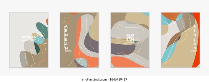 Abstract vector invitation template, art terrazzo pattern with wavy geometric abstract shapes and lines in earthy natural organic color.Minimal modern design for siasonal sale.