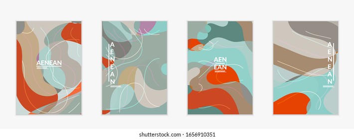 Abstract vector invitation template, art terrazzo pattern with wavy geometric abstract shapes and lines in earthy natural organic color.Minimal modern design for siasonal sale.