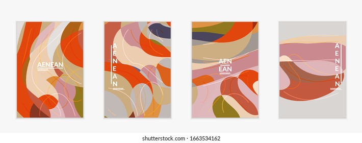 Abstract vector invitation template, art terrazzo pattern with wavy geometric abstract shapes and lines in earthy natural organic color. 