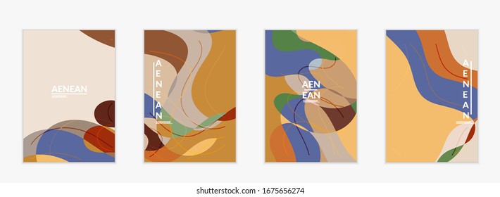 Abstract vector invitation template, art terrazzo pattern with wavy geometric abstract shapes and lines in earthy natural organic color.Minimal modern design for bithday party.