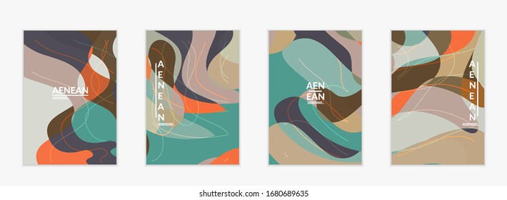 Abstract vector invitation template, art terrazzo pattern with wavy geometric abstract shapes and lines in earthy natural organic color.Minimal modern design for bithday party.