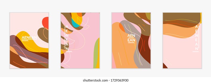 Plantilla de invitación vector abstracta, patrón art terrazzo con formas abstractas geométricas onduladas y líneas en color natural orgánico terrenal.Diseño moderno minimo para la venta entusiasta.