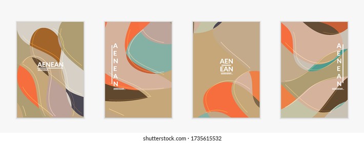 Abstract vector invitation template, art terrazzo pattern with wavy geometric abstract shapes and lines in earthy natural organic color.Minimal modern design for bithday party.