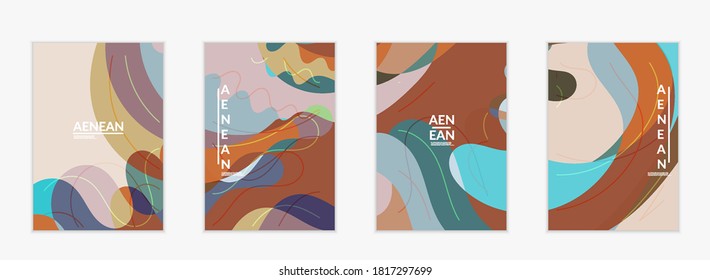 Abstract vector invitation template, art pattern with wavy geometric abstract shapes and lines in earthy natural organic color.Minimal modern design for seasonal sale.