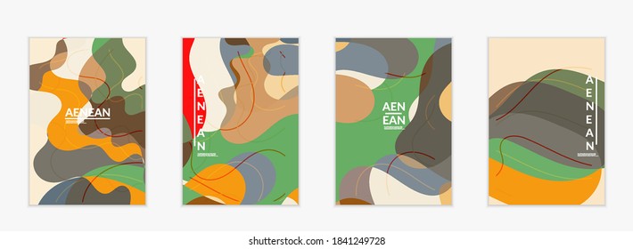 Abstract vector invitation template, art terrazzo pattern with wavy geometric abstract shapes and lines in earthy natural organic color.Minimal modern design for siasonal sale.