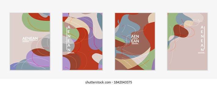 Abstract vector invitation template, art terrazzo pattern with wavy geometric abstract shapes and lines in earthy natural organic color.Minimal modern design for siasonal sale.