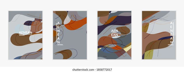 Abstract vector invitation template, art terrazzo pattern with wavy geometric abstract shapes and lines in earthy natural organic color.Minimal modern design for bithday party.