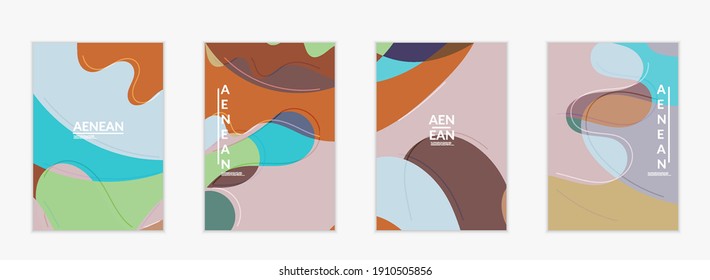 Abstrakte Vektoreinladungsvorlage, Art Terrazzo Muster mit gewellten geometrischen abstrakten Formen und Linien in erdigen natürlichen organischen Farben.Minimales modernes Design für Hochzeitseinladung.