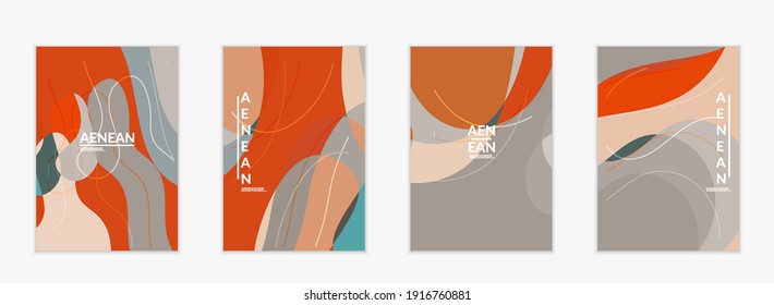 Abstract vector invitation template, art terrazzo pattern with wavy geometric abstract shapes and lines in earthy natural organic color.Minimal modern design for siasonal sale.