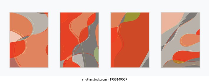 Abstract vector invitation template, art terrazzo pattern with wavy geometric abstract shapes and lines in earthy natural organic color.Minimal modern design for wedding invitation.