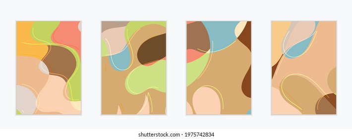 Abstract vector invitation template, art terrazzo pattern with wavy geometric abstract shapes and lines in earthy natural organic color.Minimal modern design for wedding invitation.