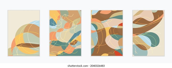Abstract vector invitation template, art terrazzo pattern with wavy geometric abstract shapes and lines in earthy natural organic color.Minimal modern design for siasonal sale.