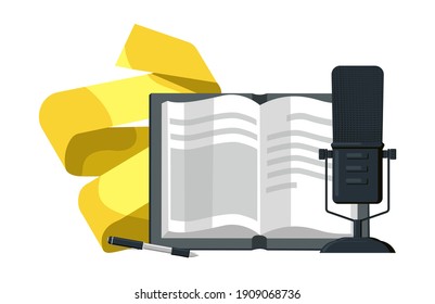 Abstract vector isolated cartoon illustration open book, microphone, pen. White background with folded gold ribbon. Concept of audio books, podcasting, radio, business.