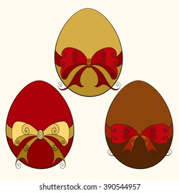 Abstract vector isolated illustration of multicolored Easter eggs tied with ribbon bows. Hand-drawn set. Isolated on white background.