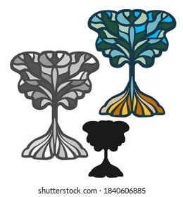 Abstract vector isolated set grey and colored design of free calligraphic lines in form of a tree. The design is perfect for tattoos, stickers, decorations, logos, stationary, badges, invitations.