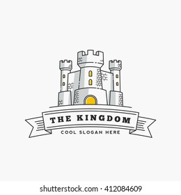 Abstract Vector Kingdom Label, Sign or Logo Template. Fortress Symbol. Castle Icon. Tower Illustration with Flags and Typography in Line Style. Isolated.