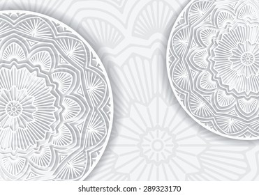 Abstract vector lace design with decorative mandala and copyspace in popular gray and white gamma.