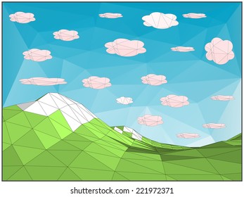 Abstract vector landscape against blue sky with clouds