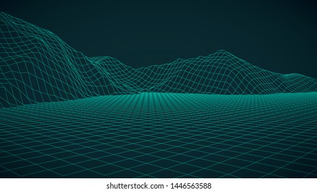 Abstract vector landscape background. Cyberspace grid. Vector illustration. 3d landscape.