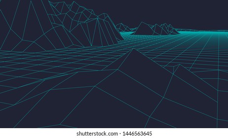 Abstract vector landscape background. Cyberspace grid. Vector illustration. 3d landscape.