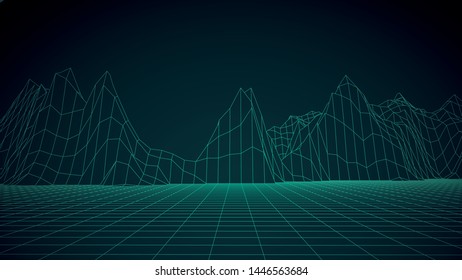 Abstract vector landscape background. Cyberspace grid. Vector illustration. 3d landscape.