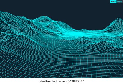 Abstract vector landscape background. Cyberspace grid. 3d technology vector illustration.