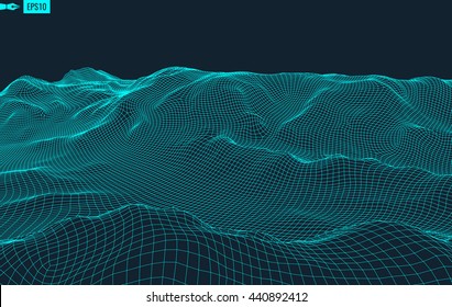 Abstract vector landscape background. Cyberspace landscape grid. 3d technology vector illustration.