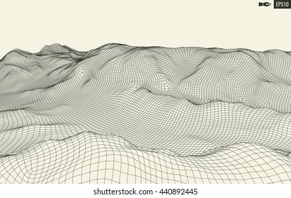 Abstract vector landscape background. Cyberspace landscape grid. 3d technology vector illustration.