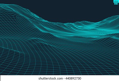 Abstract vector landscape background. Cyberspace landscape grid. 3d technology vector illustration.